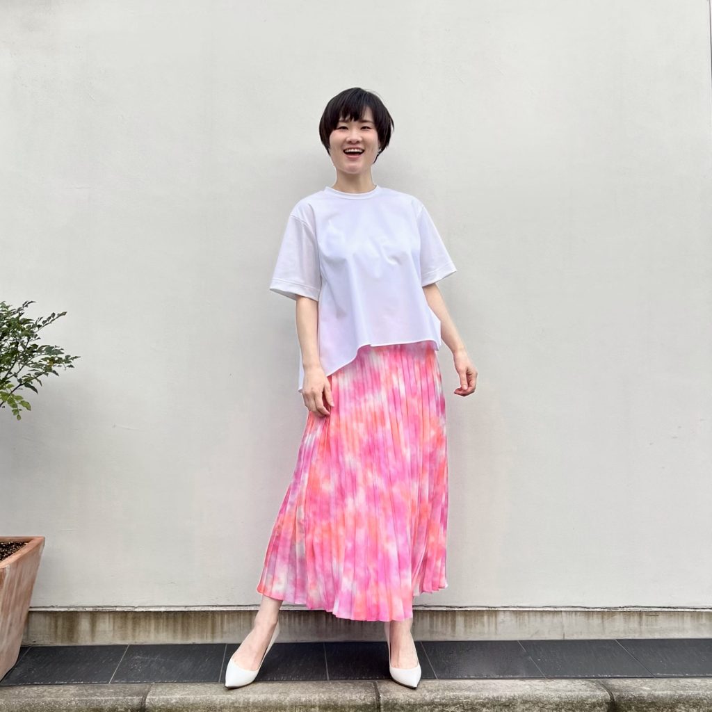 near nippon フレアーTシャツ　ホワイト NEAR.NIPPON フレア Tシャツ トップス 445-25 PINK / WHITE